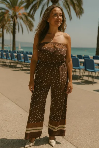 Žena v puntíkatém overalu na mořské promenádě
